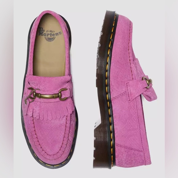 Doc Marten ADRIAN SNAFFLE REPELLO SUEDE KILTIE LOAFERS Pink Python Emboss Sz 10 - Picture 1 of 7